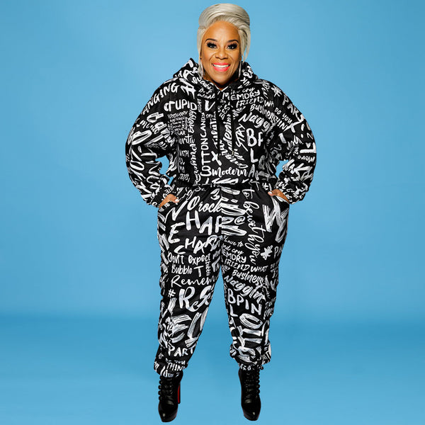 Plus Size Printed Hoodie Set