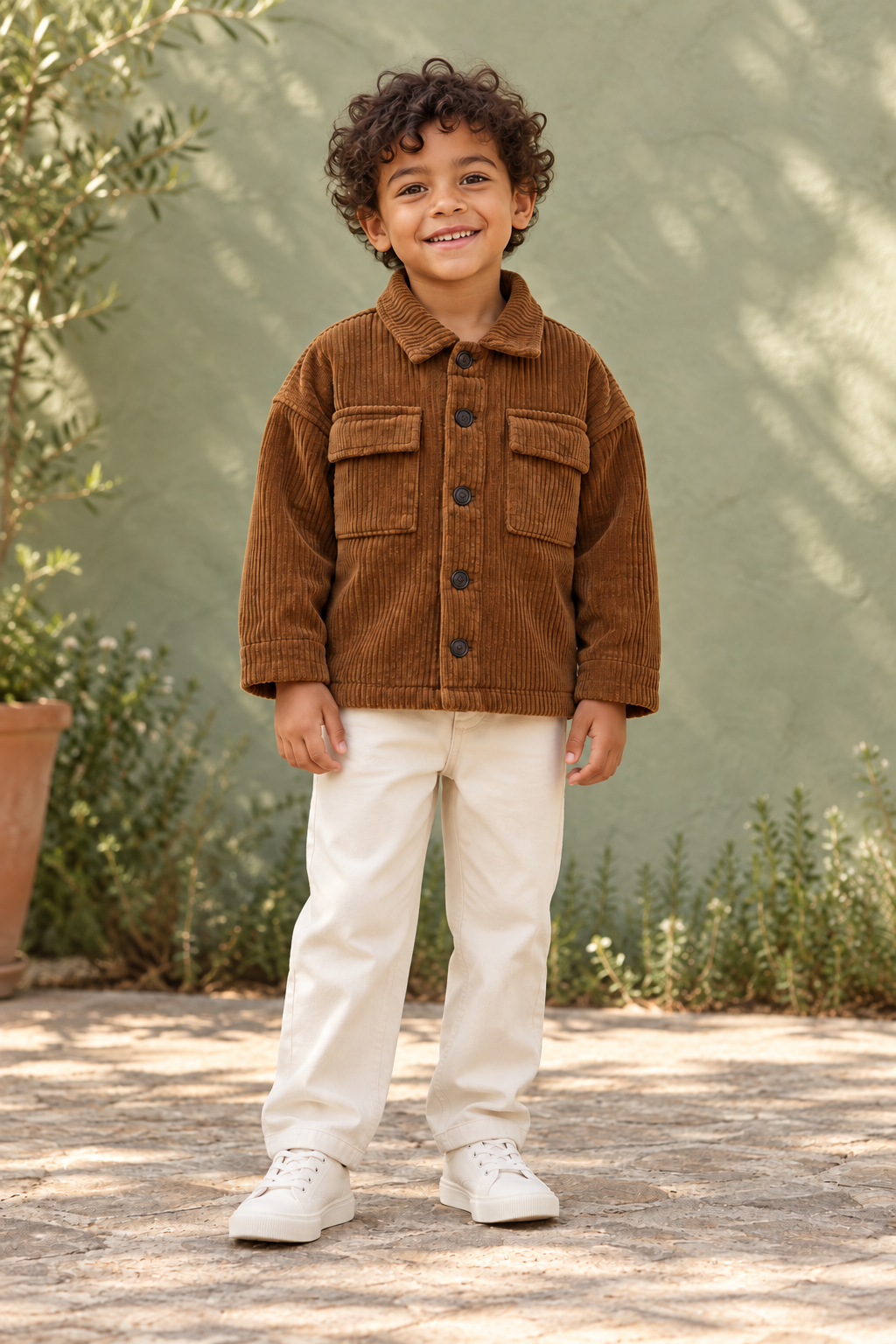 Child wearing the brown Modeva Kids corduroy pocket jacket