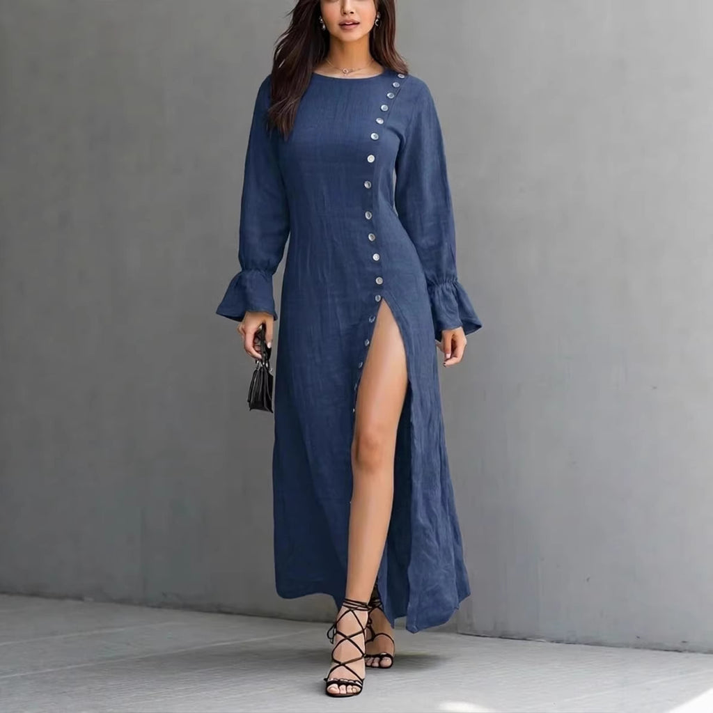 Womens Long-Sleeve Casual Cotton-Linen Slit Dress With Buttons