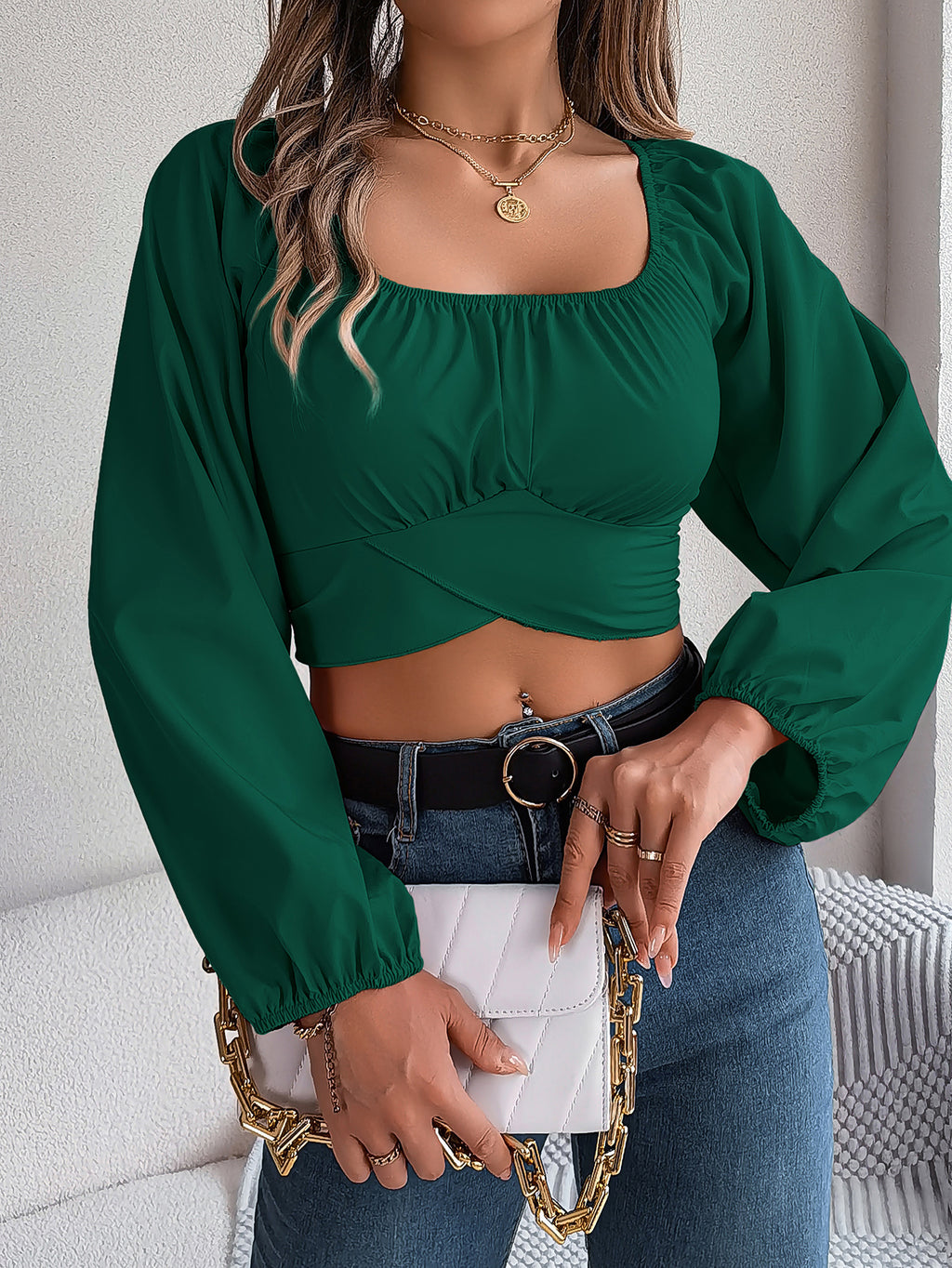 Women's Casual Lantern Sleeve Tie Waist Chiffon Crop Top