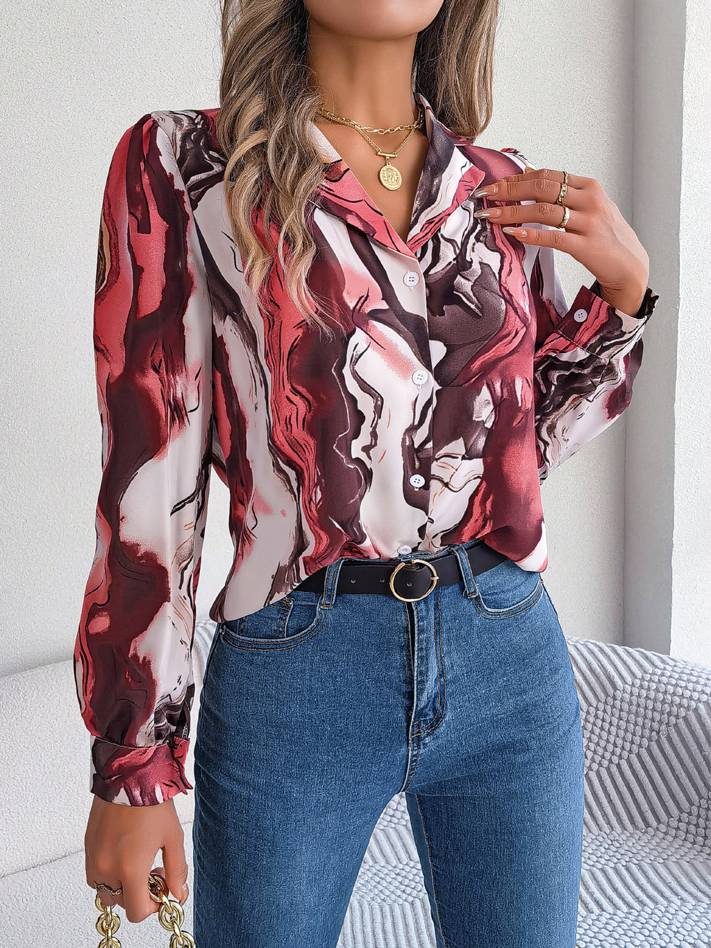 Women's Casual Color Block Stripe Notched Lapel Long Sleeve Shirt