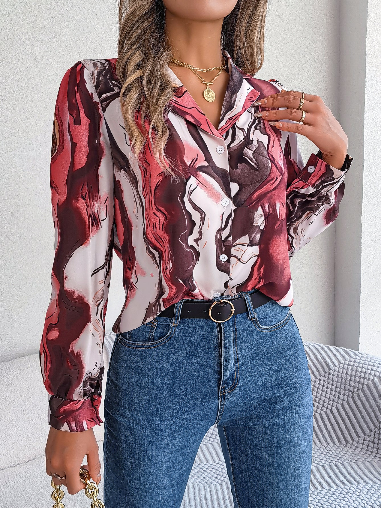 Women's Casual Color Block Stripe Notched Lapel Long Sleeve Shirt
