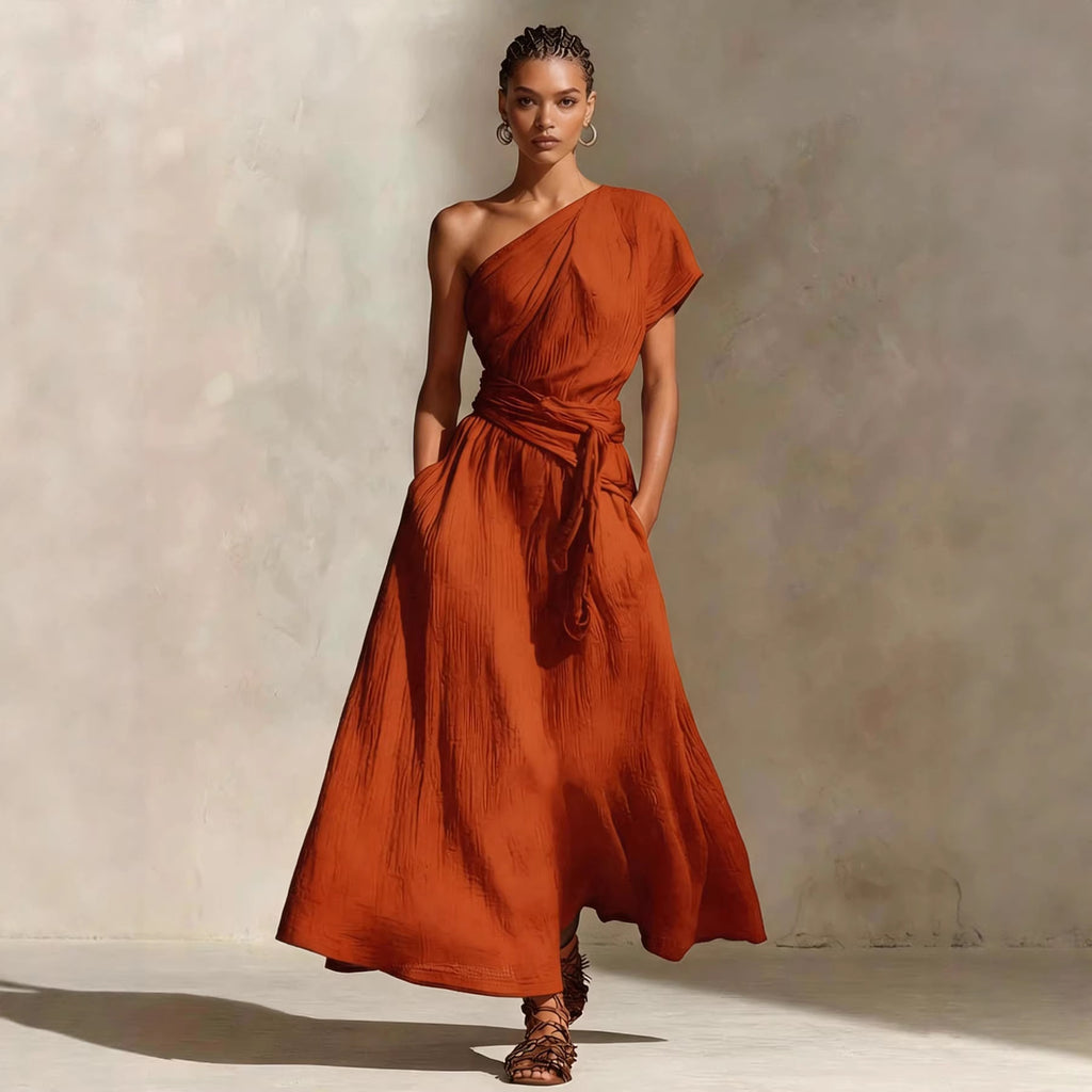 Womens Long One-Shoulder Dress With Neckline And Waist Tie