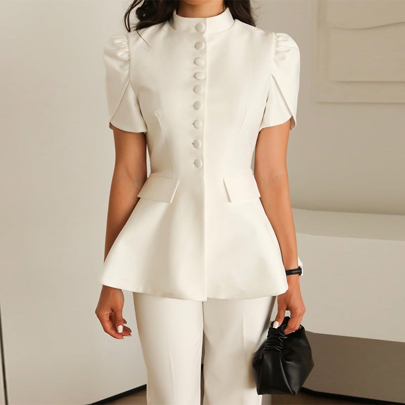 Niche Puff-sleeve Row-button Waist-cinching Blazer Top