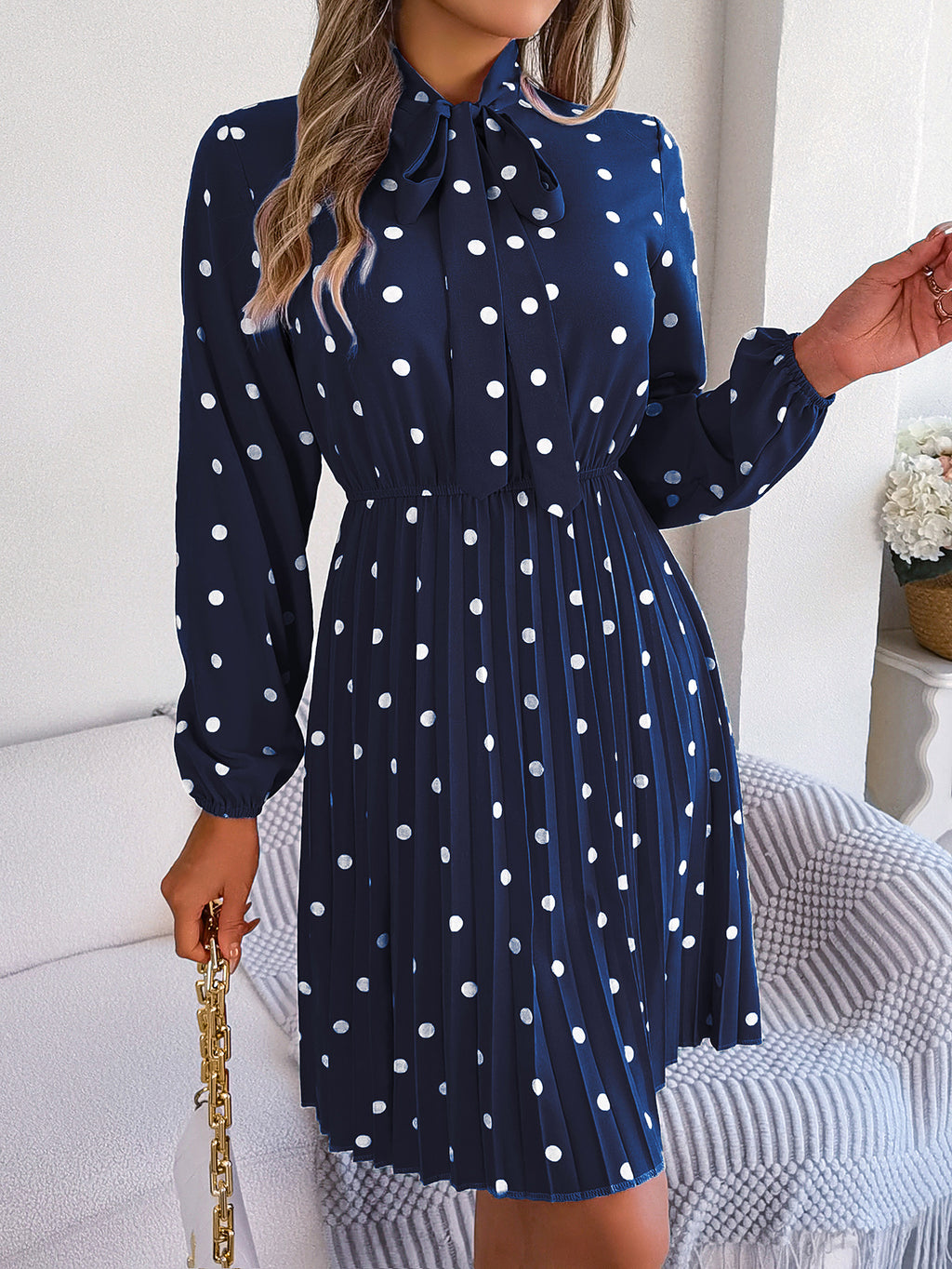 Women's Polka Dot Tie-Waist Long Sleeve Pleated Maxi Dress