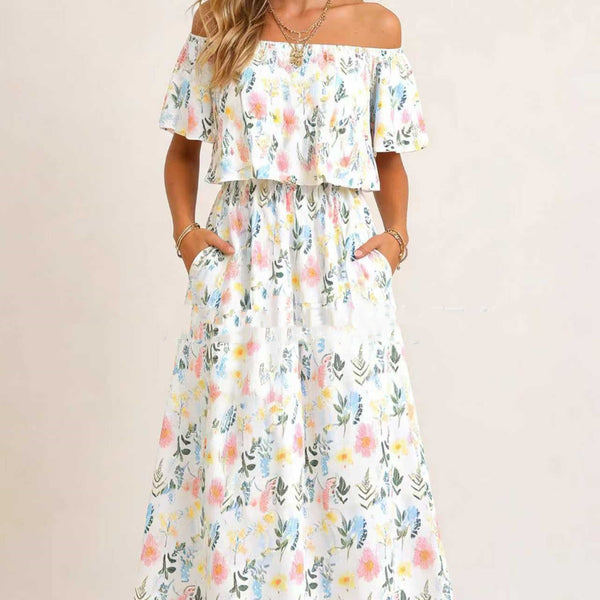 Printed Off-shoulder Short-sleeve Maxi Dress