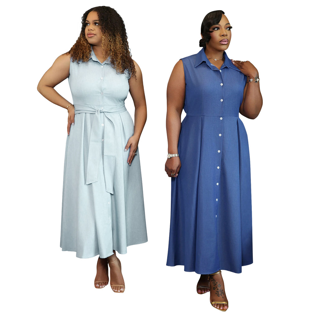 Sleeveless Belted Shirt Dress For Women