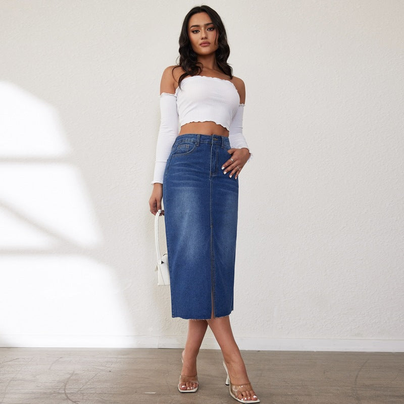 Womens High-Waisted Denim Skirt With A Front Slit And Long Length