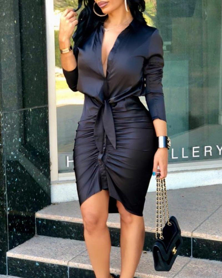 Lace-Up Long Sleeve Midi Shirt Dress