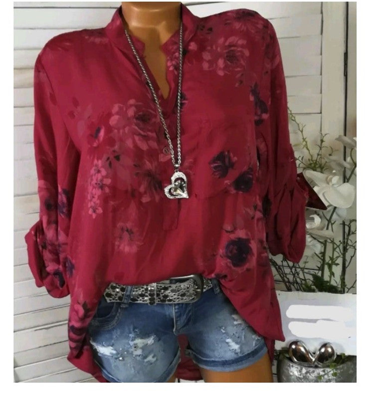 Plus Size Printed Stand Collar Blouse