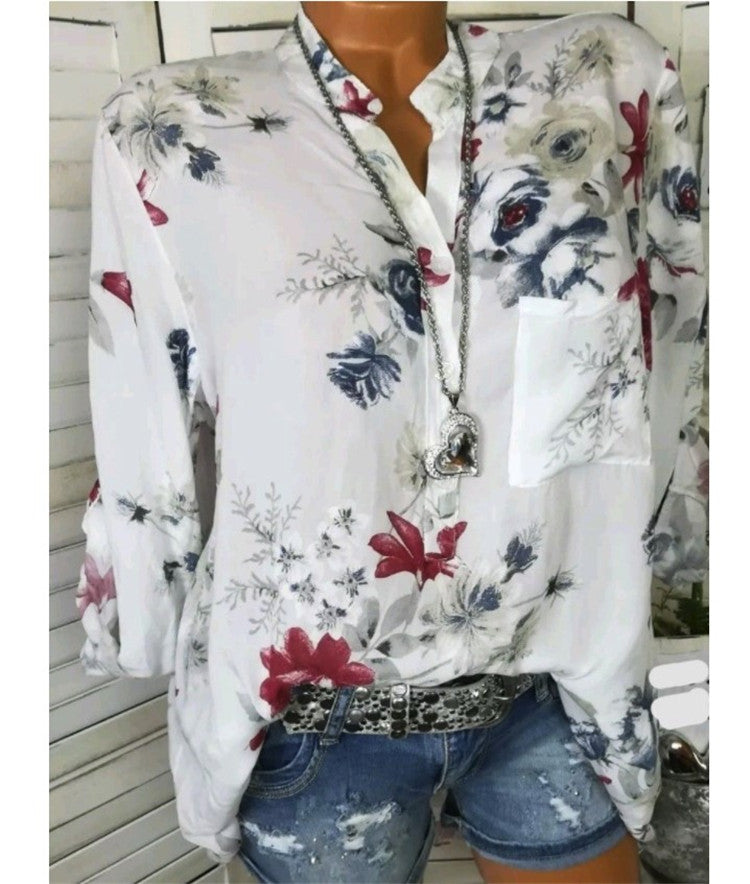 Plus Size Printed Stand Collar Blouse