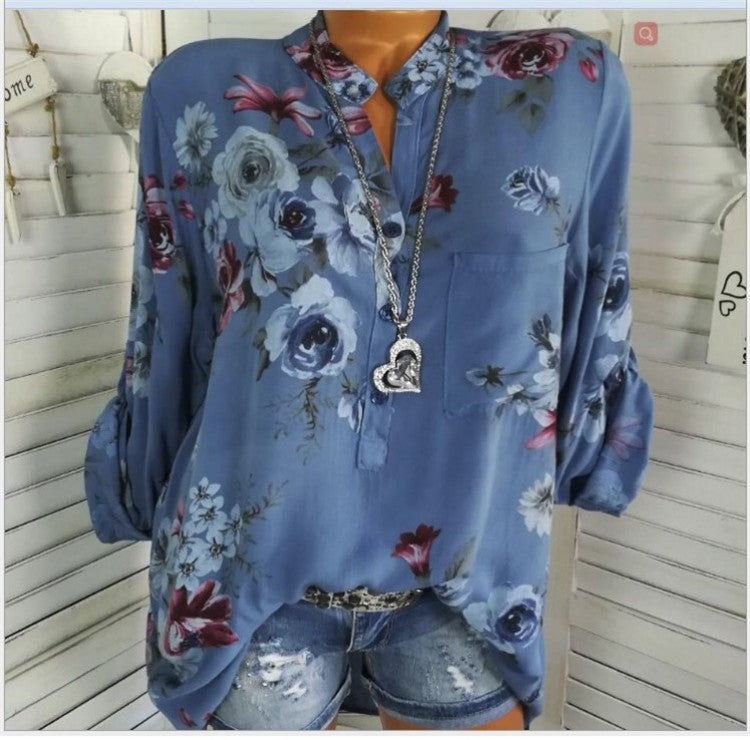 Plus Size Printed Stand Collar Blouse