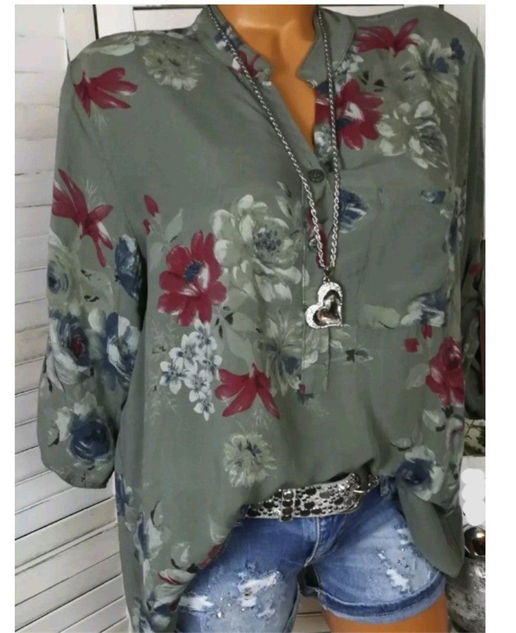 Plus Size Printed Stand Collar Blouse