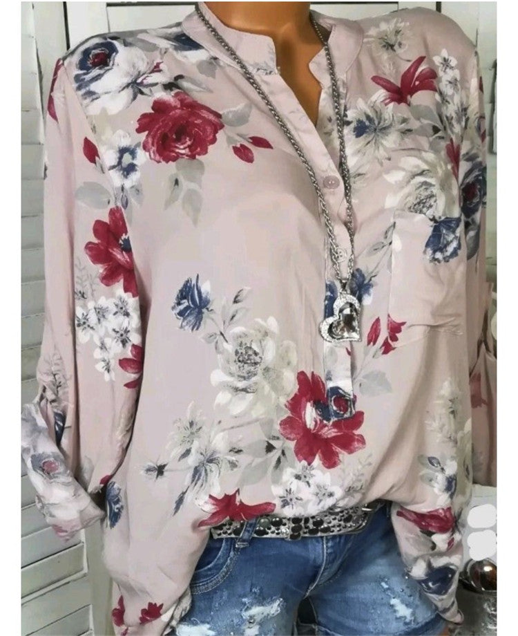 Plus Size Printed Stand Collar Blouse