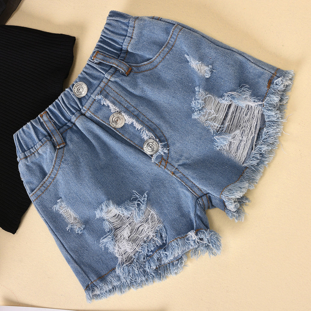 Kids' Striped Top & Denim Shorts Set