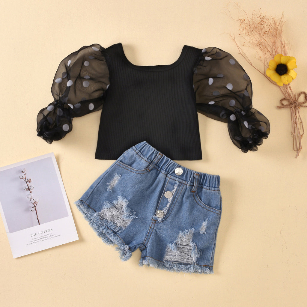 Kids' Striped Top & Denim Shorts Set