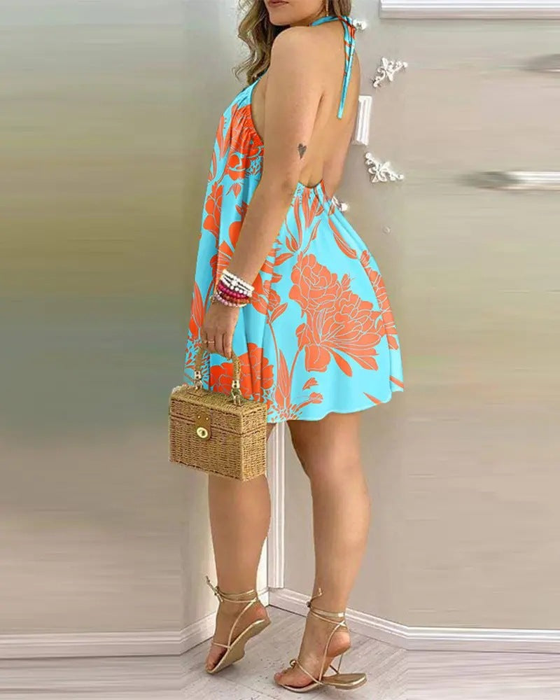 Tropical Print Off-Shoulder Halter Dress