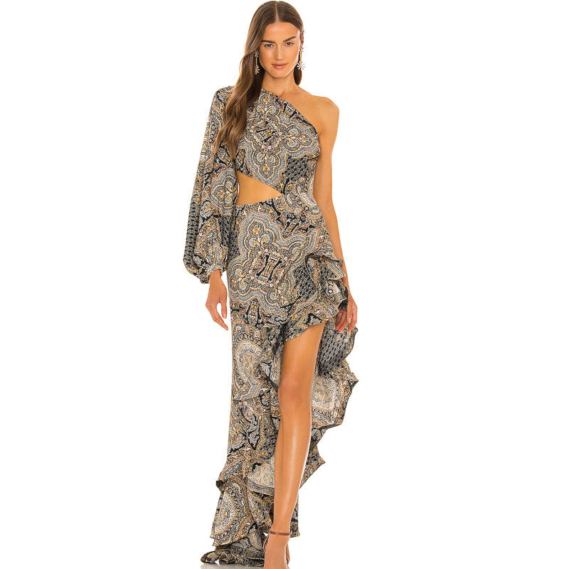 Women's Slanted Shoulder Floral Irregular Lotus Leaf Dress