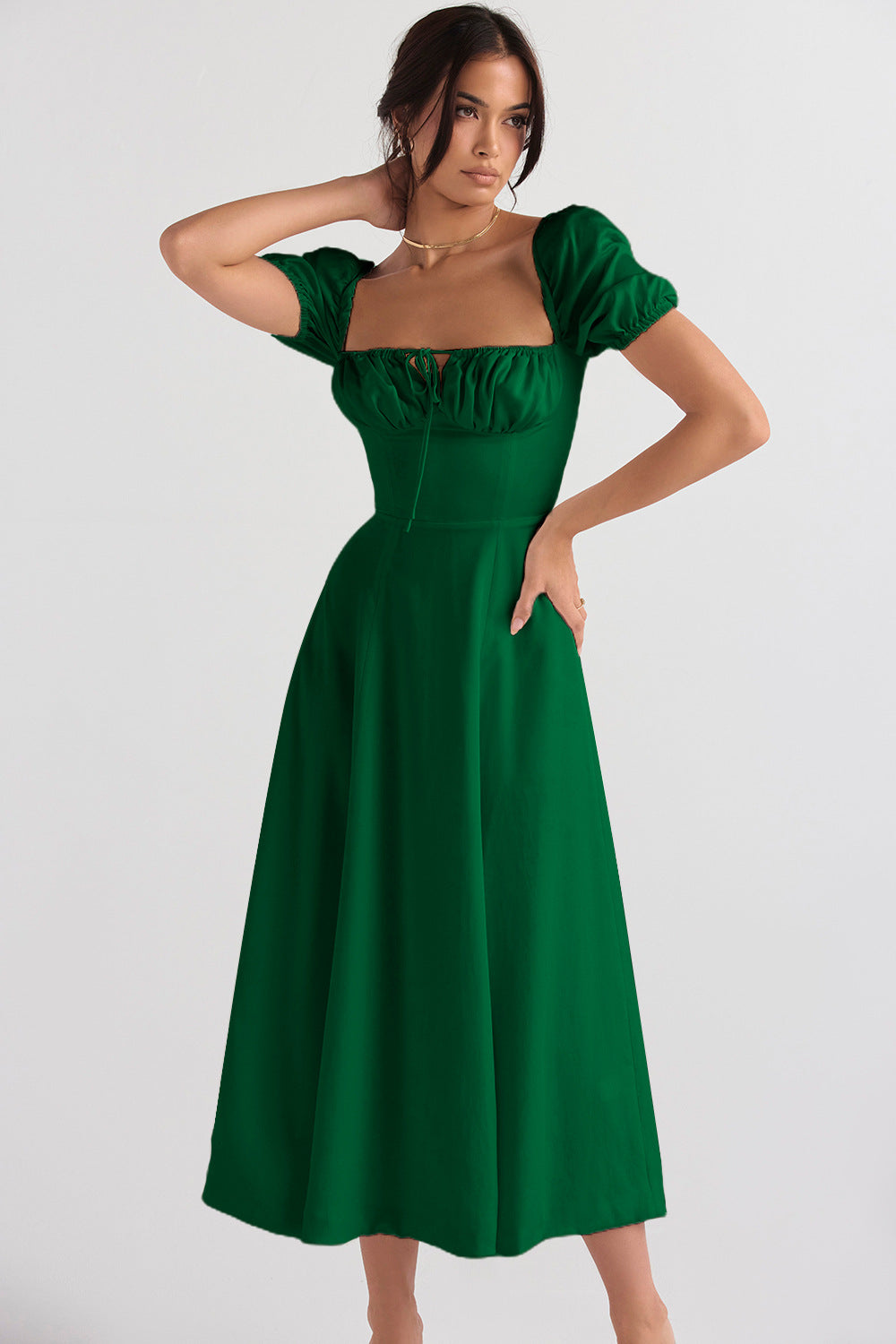 Womens Slimming Elegant Puff-Sleeve Lace-Up Short-Sleeve Dress