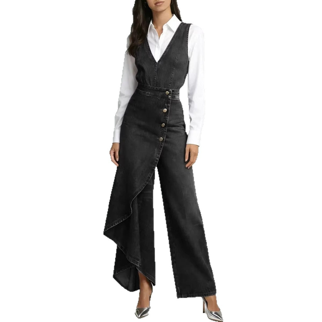 Western-style V-neck Asymmetrical Denim Jumpsuit