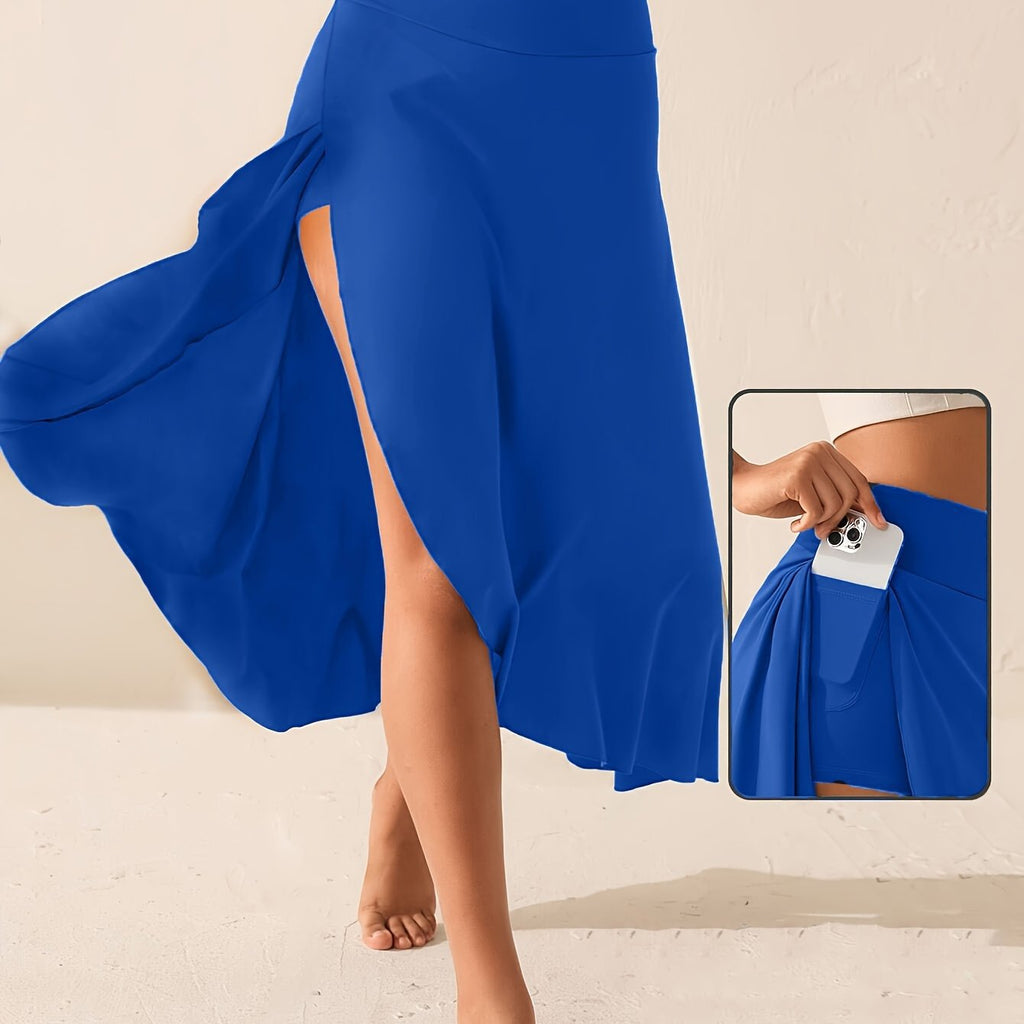 Womens Solid-Color High-Waisted Side-Slit Skirt
