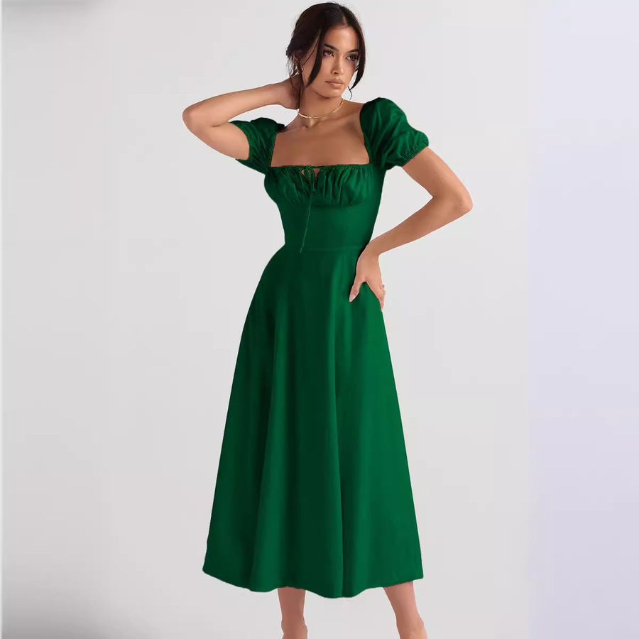 Womens Slimming Elegant Puff-Sleeve Lace-Up Short-Sleeve Dress