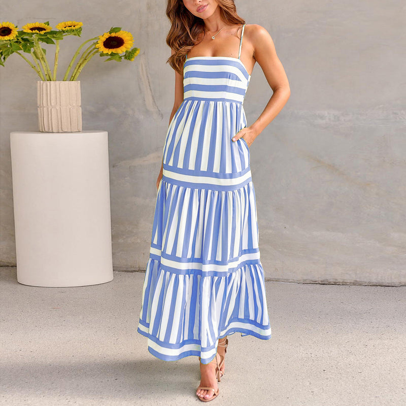 Striped Square Neck Maxi Dress with Pockets
