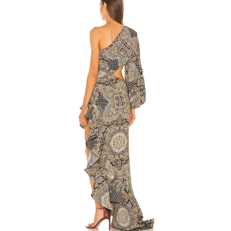 Women's Slanted Shoulder Floral Irregular Lotus Leaf Dress