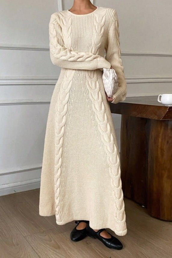 Women Cable Knit Round Neck Long Sleeve Maxi Sweater Dress