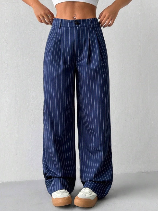 Blue Striped Loose-fit Wide-leg Casual Pants
