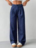Blue Striped Loose-fit Wide-leg Casual Pants