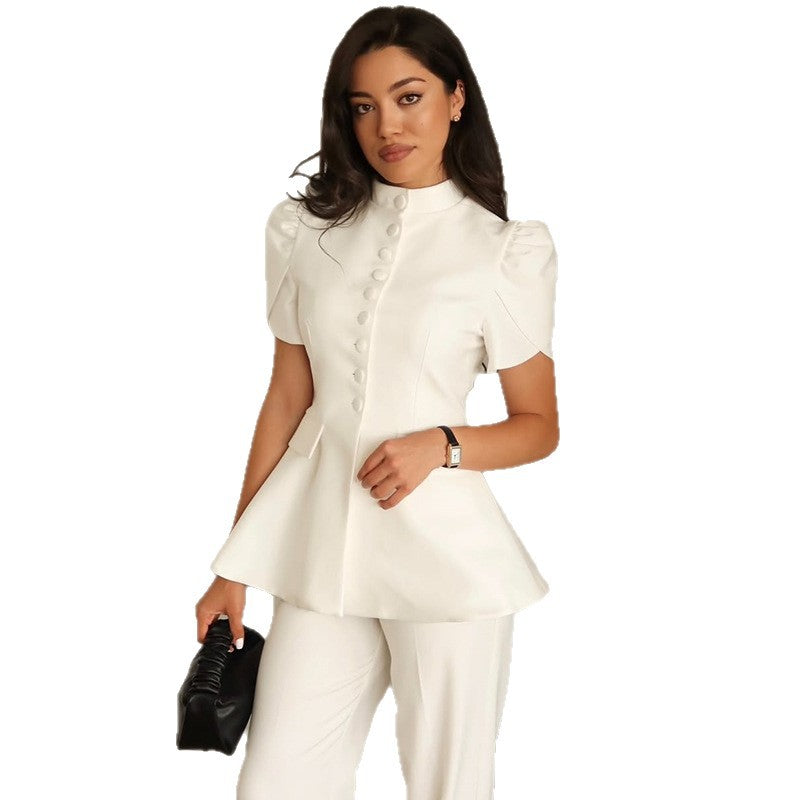 Niche Puff-sleeve Row-button Waist-cinching Blazer Top