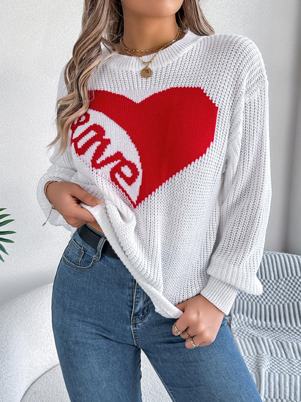 Heart Print Knit Sweater