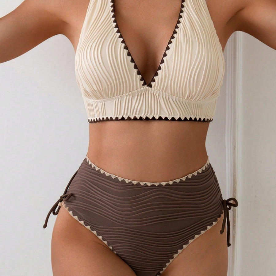 Women's Contrast-Colored Bikini Women's Two-Piece Lace Trim Swimsuit
