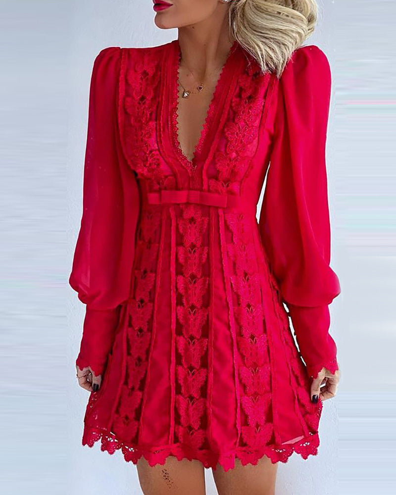 White Lace V-Neck Puff Sleeve Dress