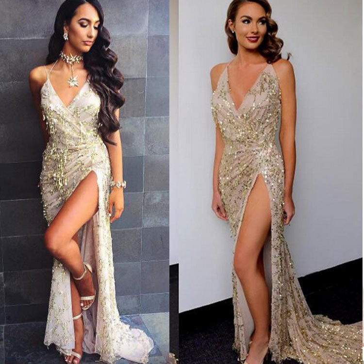 V-Neck Halter Sequin Dress