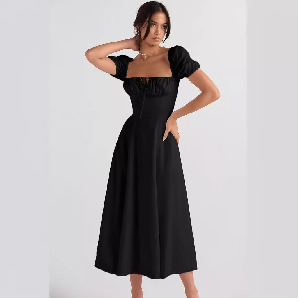 Womens Slimming Elegant Puff-Sleeve Lace-Up Short-Sleeve Dress