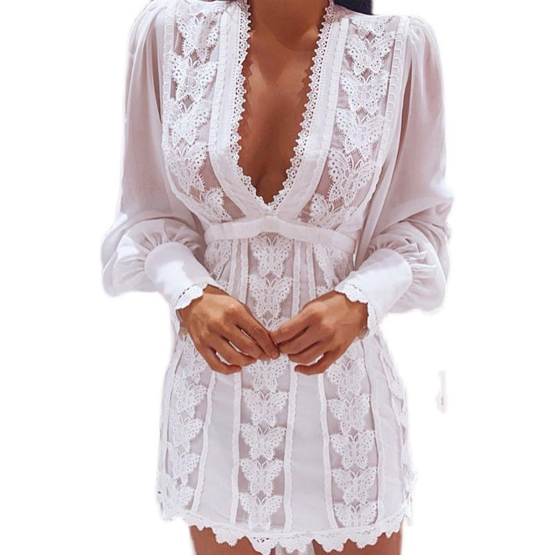 White Lace V-Neck Puff Sleeve Dress