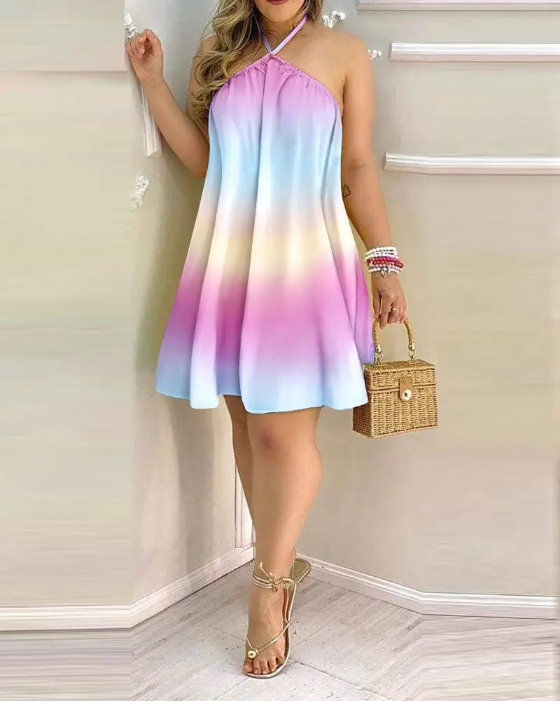 Tropical Print Off-Shoulder Halter Dress