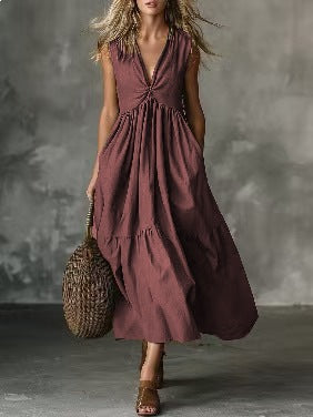 Solid-color Sleeveless V-neck Dress