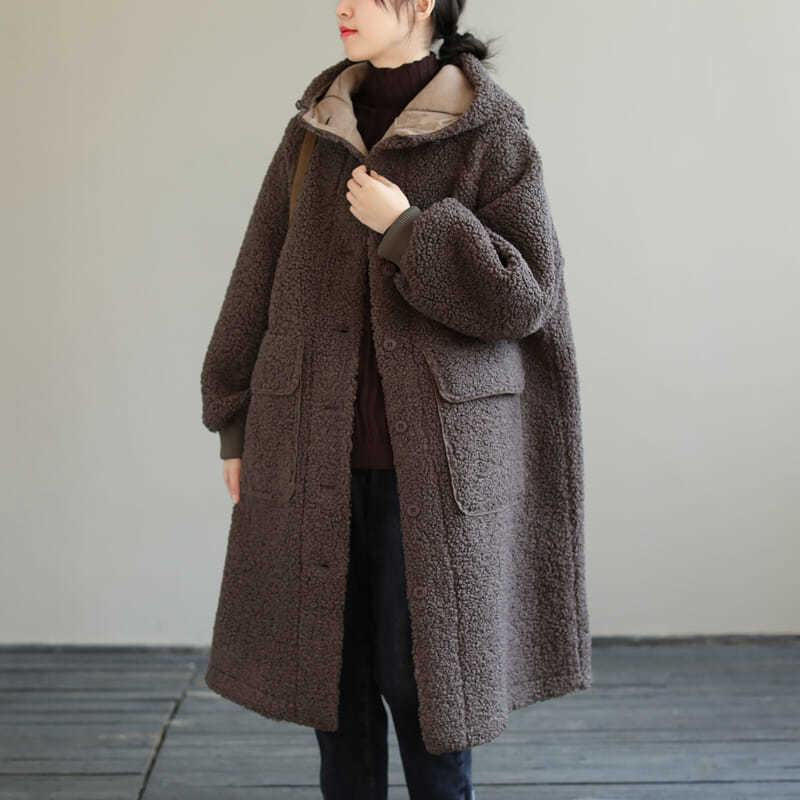 Plus Size Lamb Wool Hooded Coat
