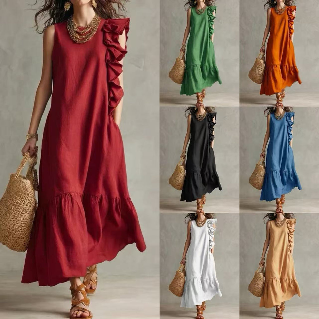 Irregular Ruffle Sleeveless Womens Dress