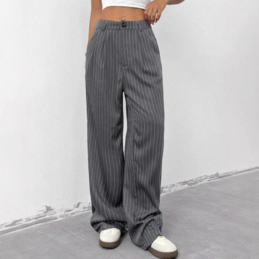 Blue Striped Loose-fit Wide-leg Casual Pants