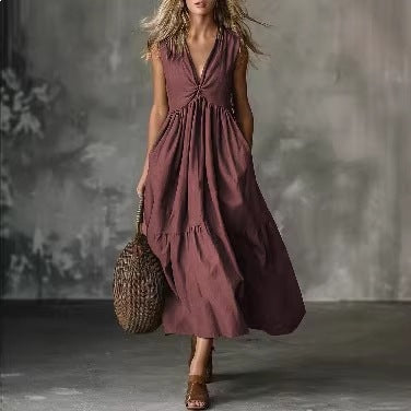 Solid-color Sleeveless V-neck Dress