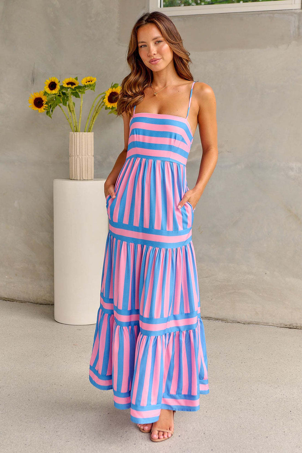 Striped Square Neck Maxi Dress with Pockets