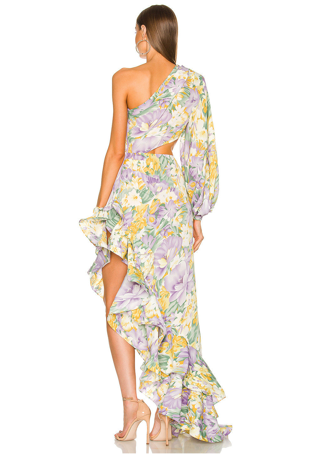 Women's Slanted Shoulder Floral Irregular Lotus Leaf Dress