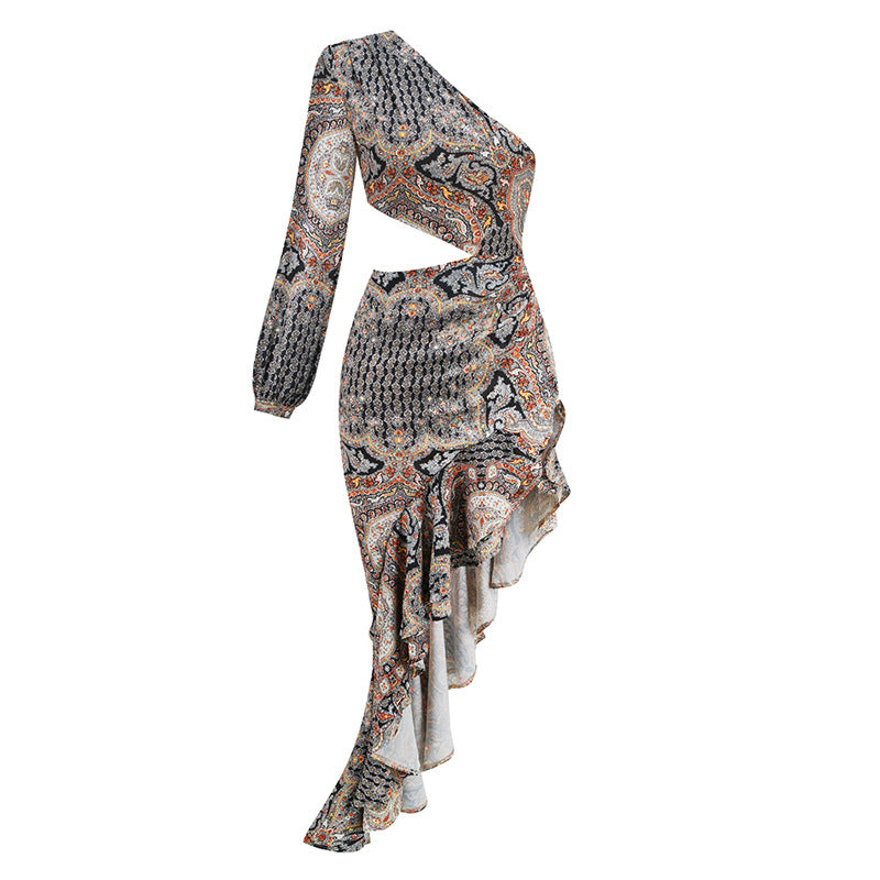 Women's Slanted Shoulder Floral Irregular Lotus Leaf Dress
