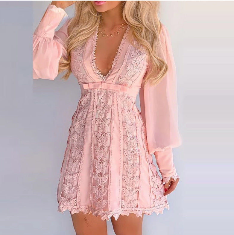 White Lace V-Neck Puff Sleeve Dress