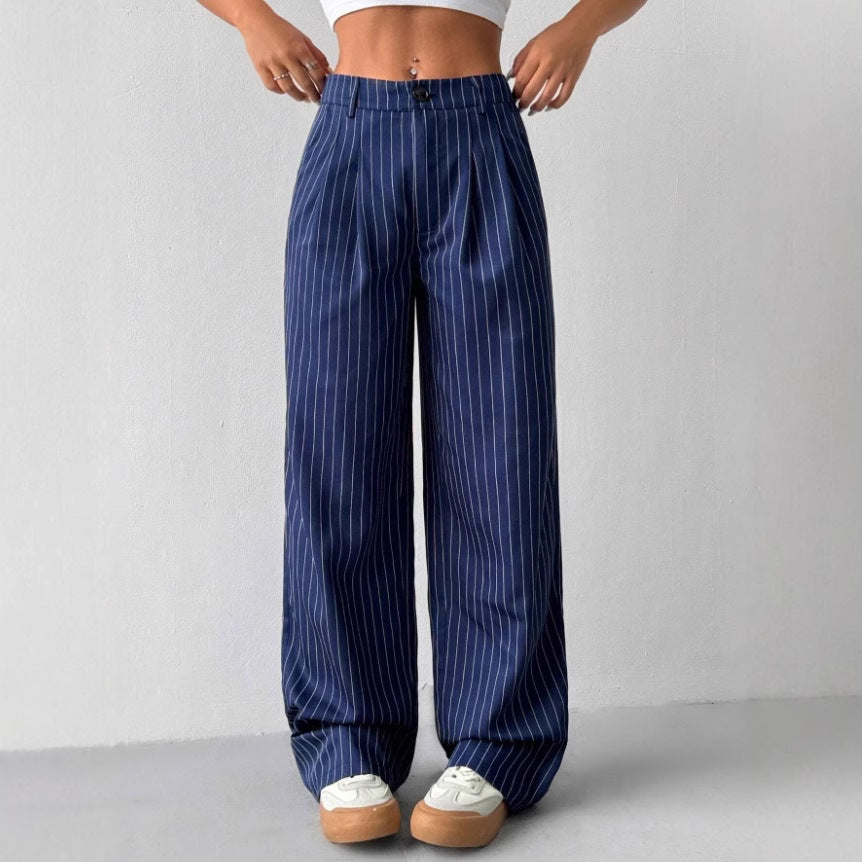 Blue Striped Loose-fit Wide-leg Casual Pants
