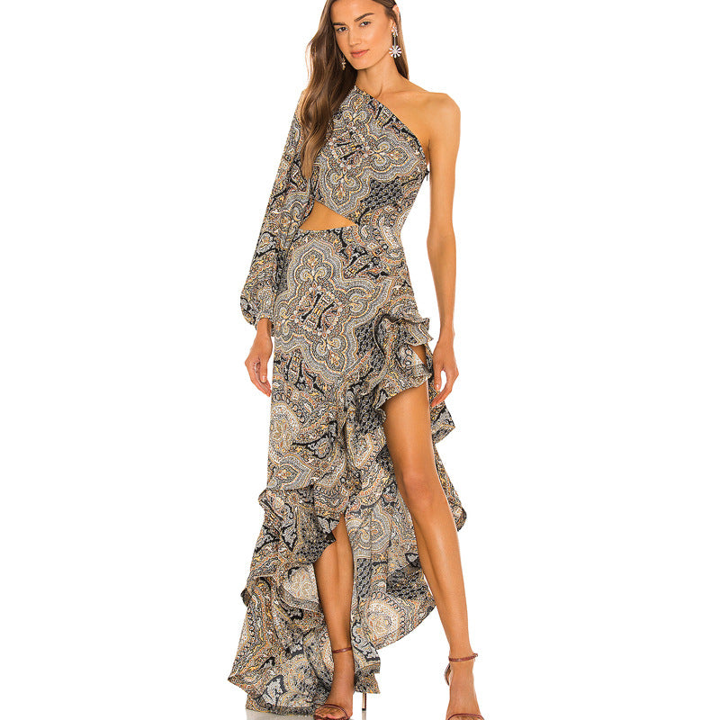 Women's Slanted Shoulder Floral Irregular Lotus Leaf Dress